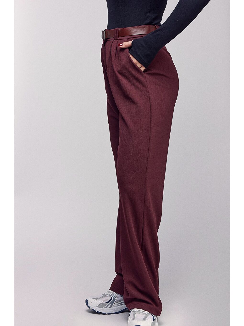 Bordo Kadın Yüksek Bel Elastanlı Palazzo Pantolon - Kemerli-2