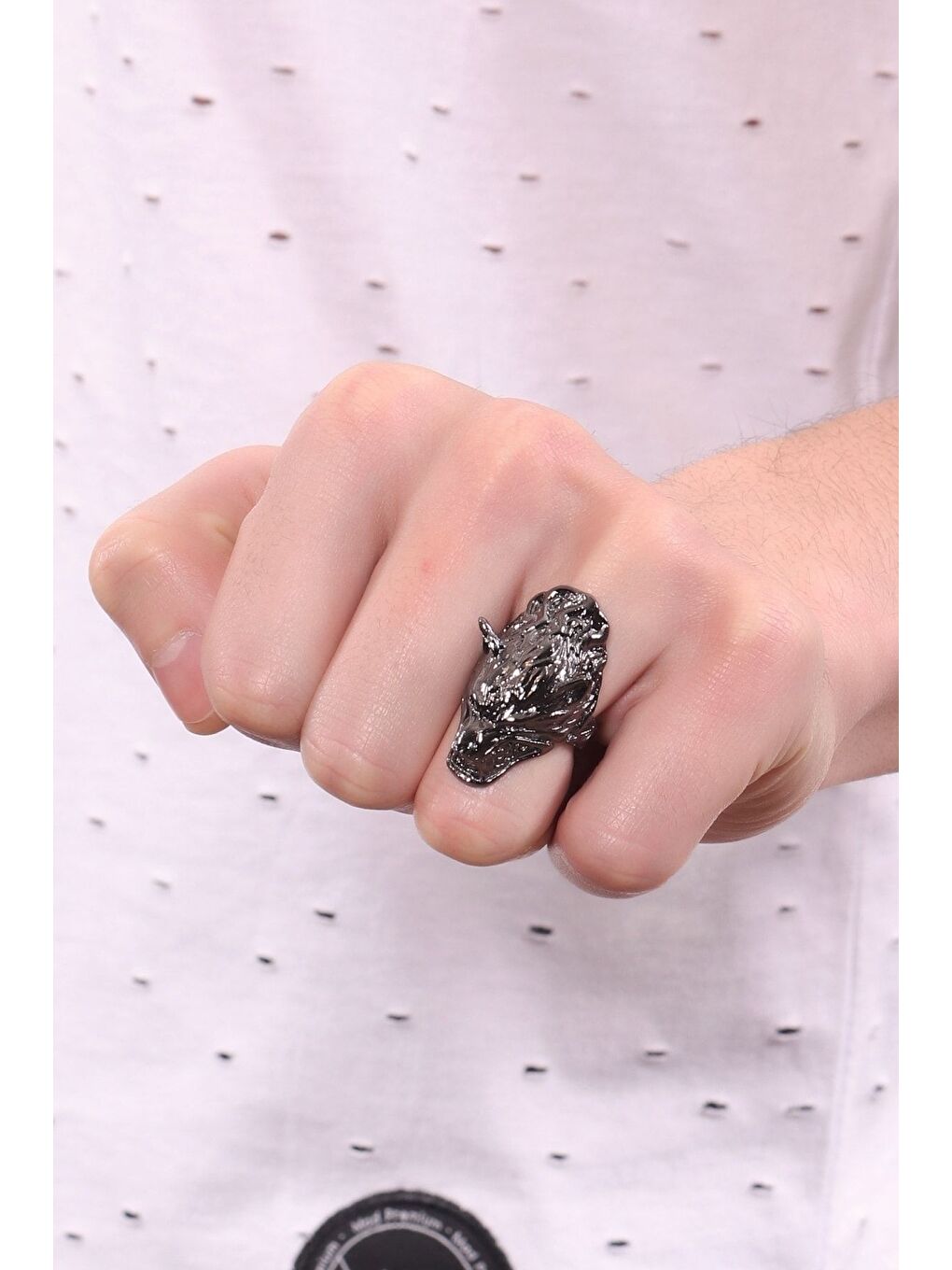 Erkek Metalik Antrasit Lak Kaplama Ayarlanabilir Kurtbaşı Yüzük-3