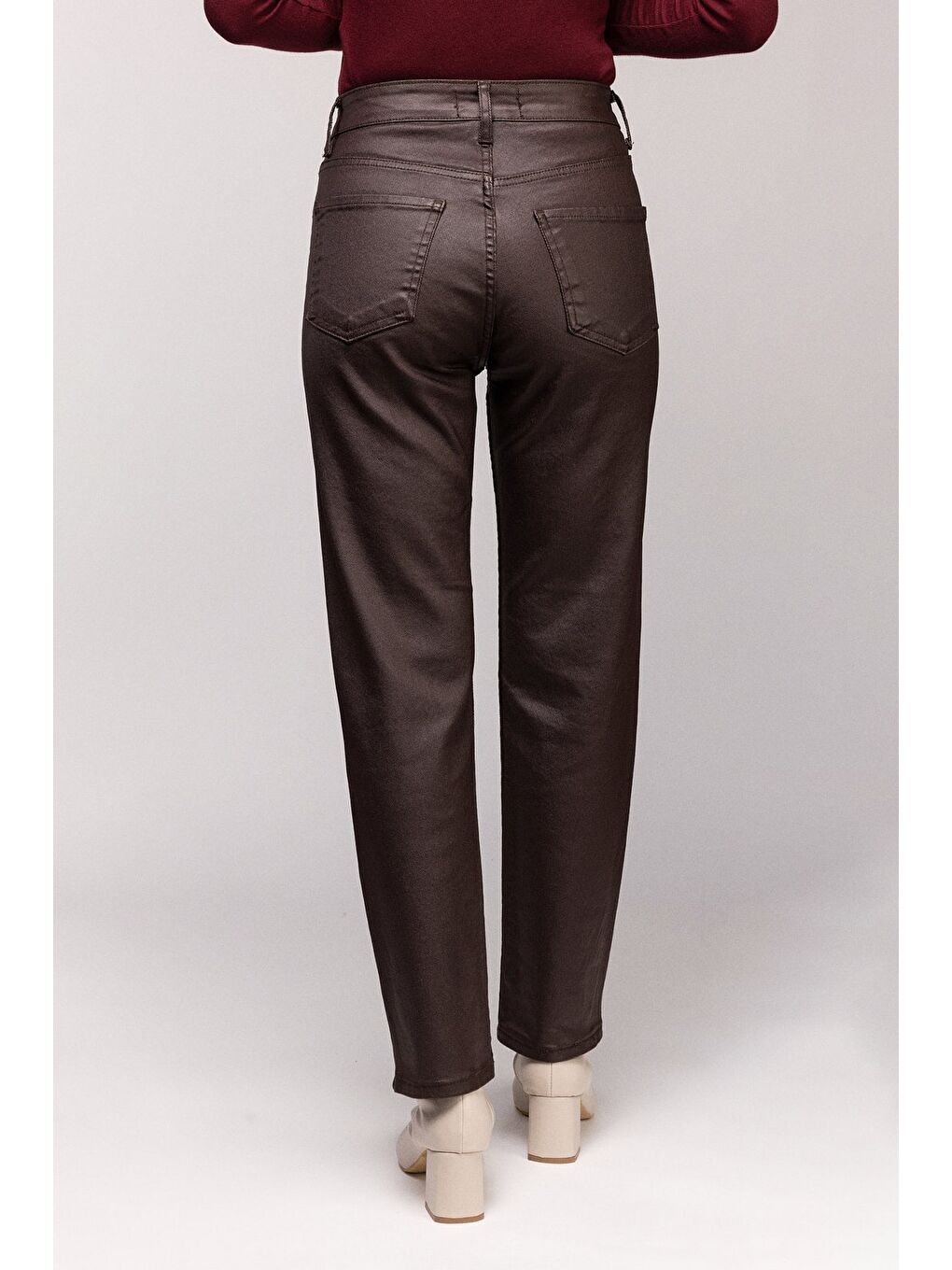 Kahverengi Kadın Mumlu (Waxed) Yüksek Bel Düz Kesim Elastanlı Jean Pantolon - Tam Kalıp-3