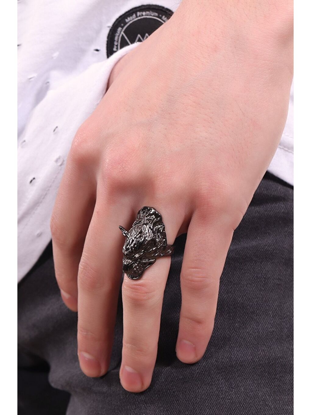 Erkek Metalik Antrasit Lak Kaplama Ayarlanabilir Kurtbaşı Yüzük-2