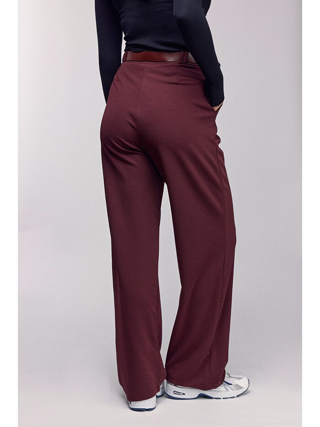 Bordo Kadın Yüksek Bel Elastanlı Palazzo Pantolon - Kemerli-3