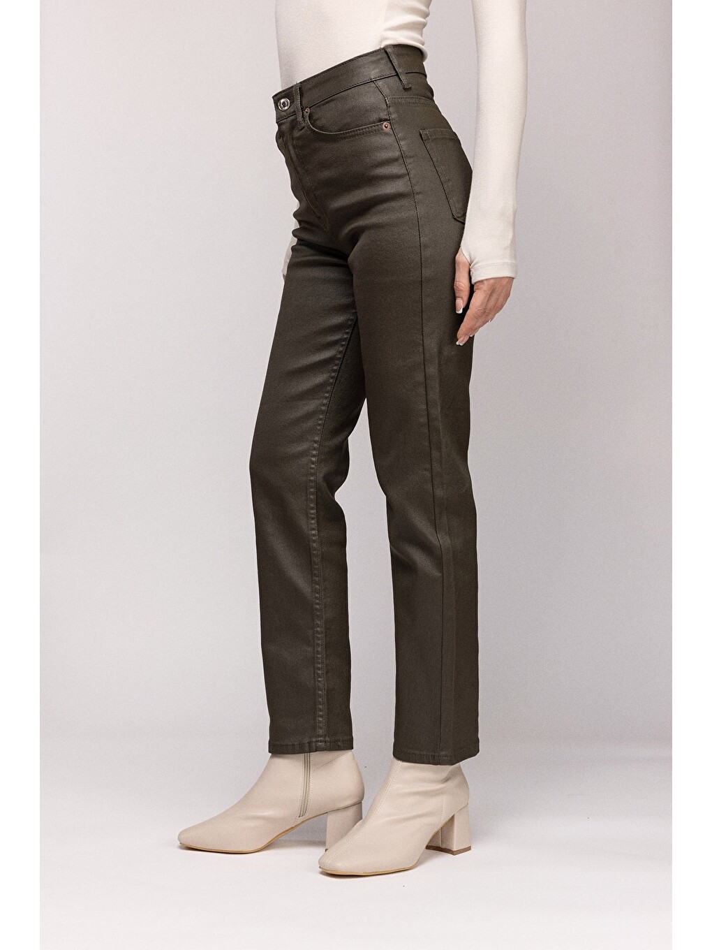 Beyaz Haki Kadın Mumlu (waxed) Yüksek Bel Düz Kesim Elastanlı Jean Pantolon - Tam Kalıp-1