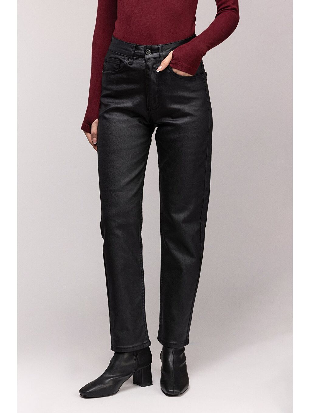 Siyah Kadın Mumlu (Waxed) Yüksek Bel Düz Kesim Elastanlı Jean Pantolon - Tam Kalıp-1