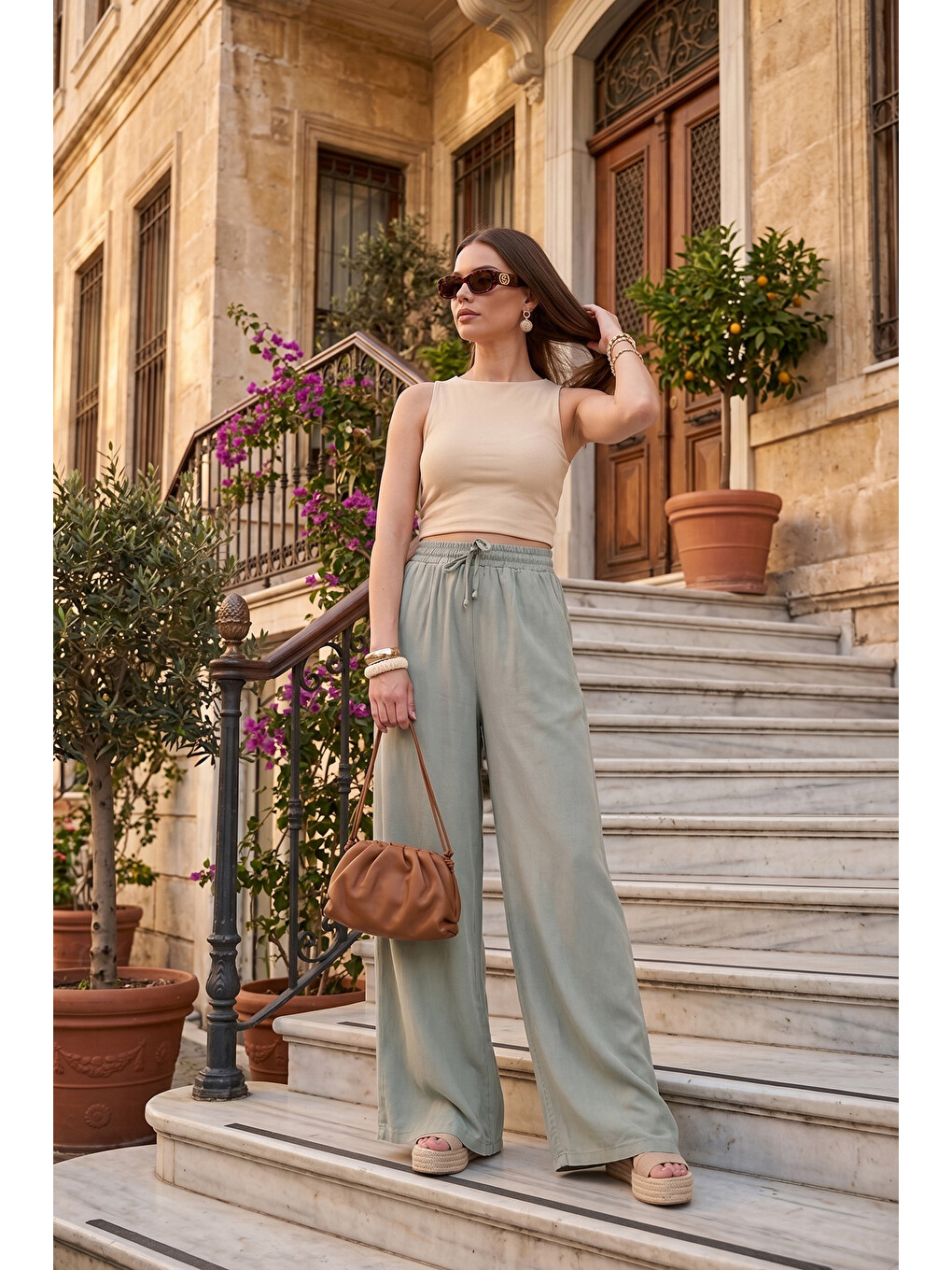 Haki Pamuklu Relaxed Fit Yüksek Bel Geniş Paça Pantolon 668yp5559-2