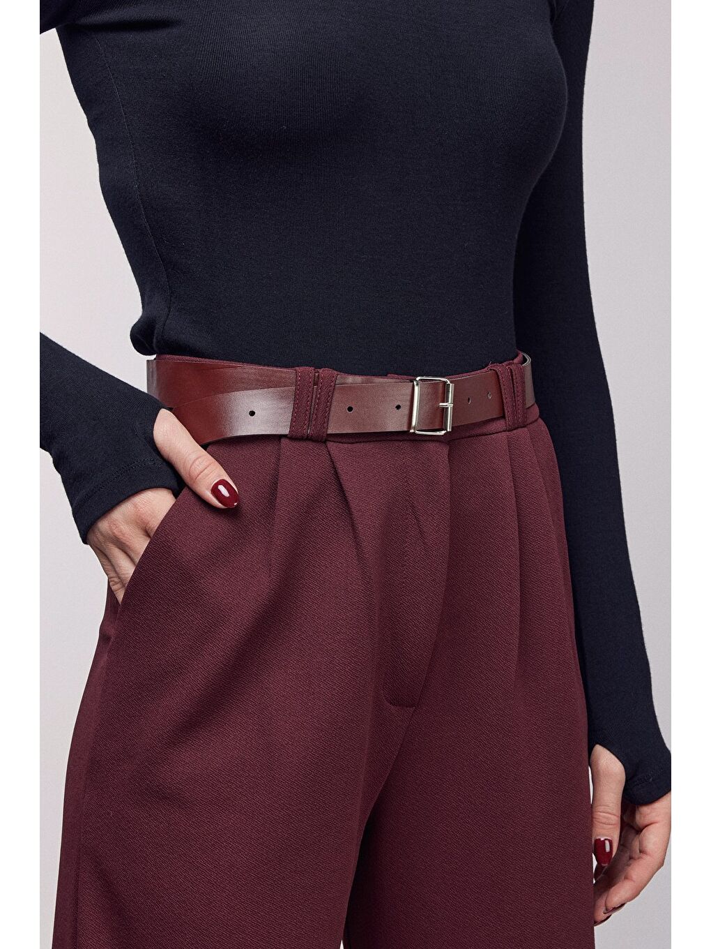 Bordo Kadın Yüksek Bel Elastanlı Palazzo Pantolon - Kemerli-4