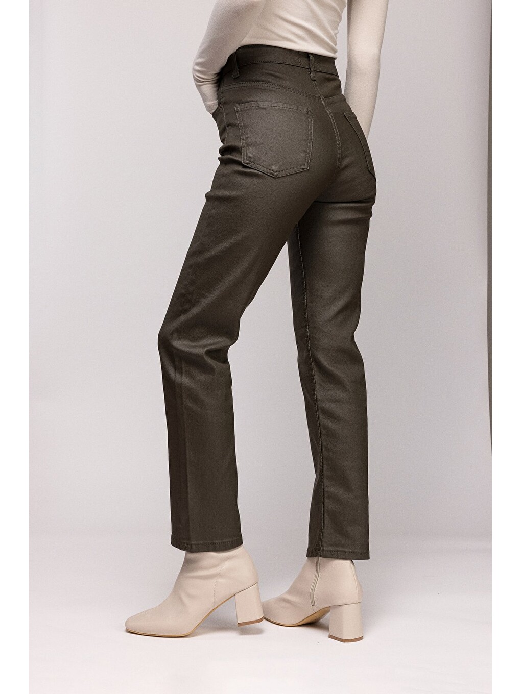Beyaz Haki Kadın Mumlu (waxed) Yüksek Bel Düz Kesim Elastanlı Jean Pantolon - Tam Kalıp-2