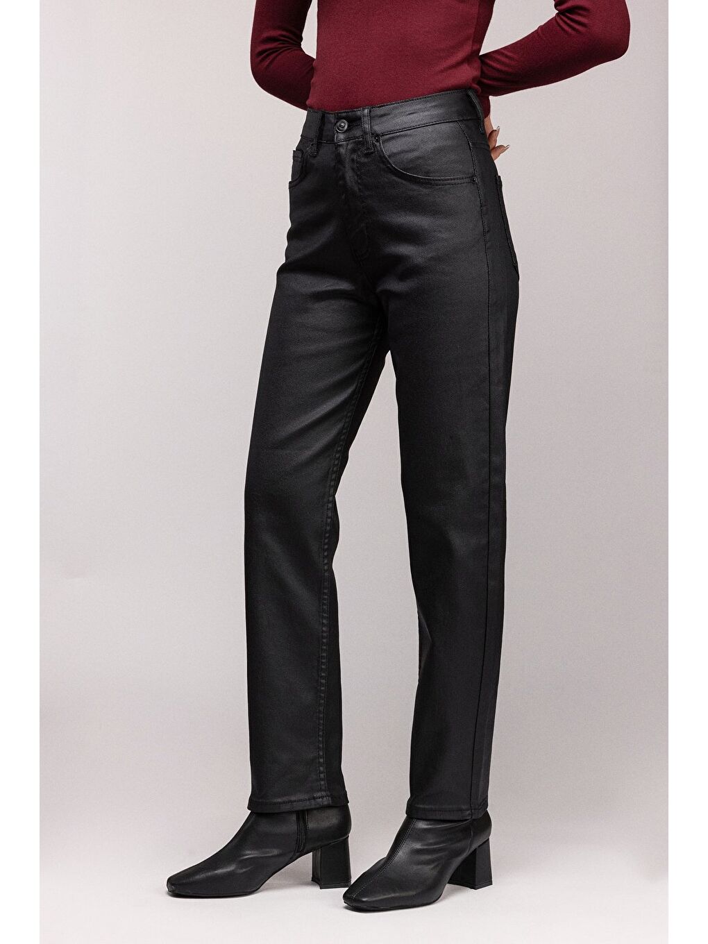 Siyah Kadın Mumlu (Waxed) Yüksek Bel Düz Kesim Elastanlı Jean Pantolon - Tam Kalıp-2