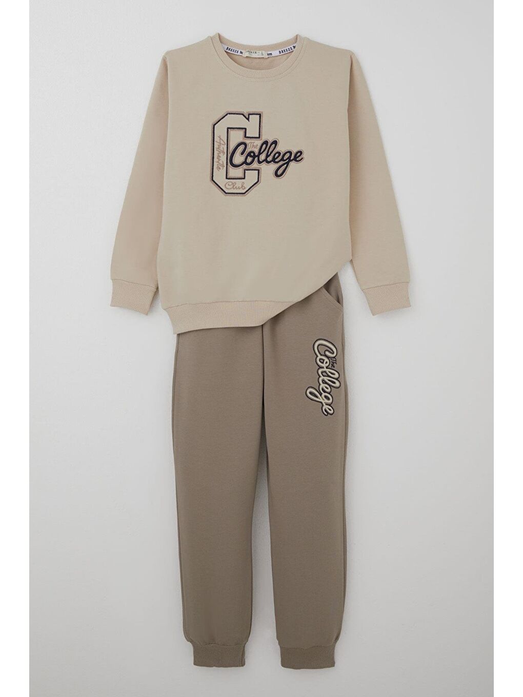 Erkek Çocuk Eşofman Takımı Kolej Rüzgarı Yazı Nakışlı Bej (5-10 Yaş)