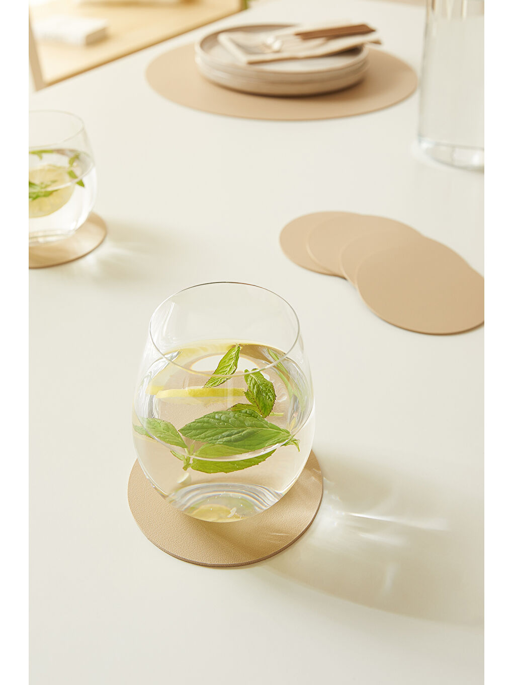 6'lı Bej/Taş Renk Suni Deri Bardak Altlığı Ø 10 cm-1