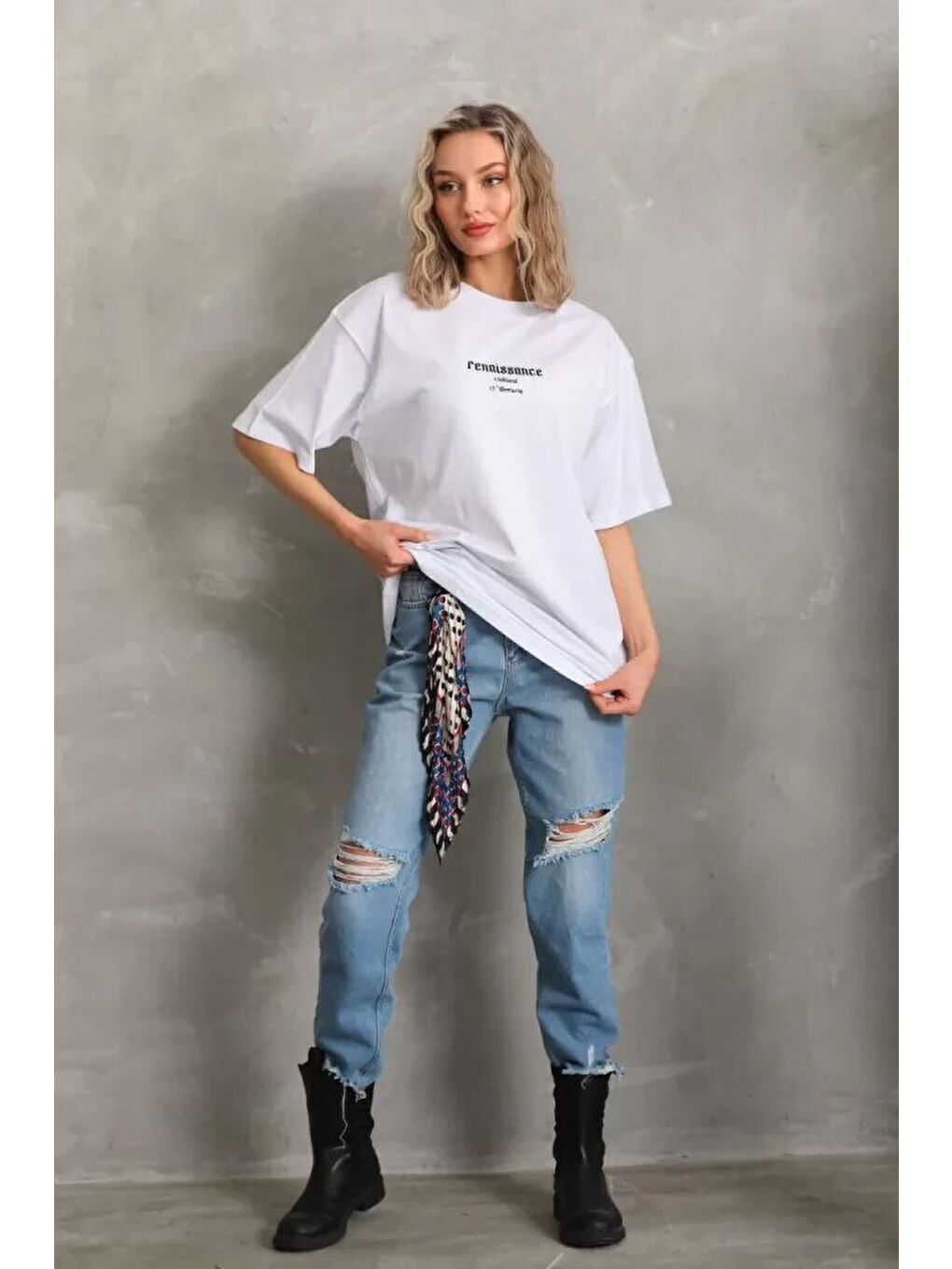 Unisex Baskılı Oversize T-Shirt - Beyaz-3