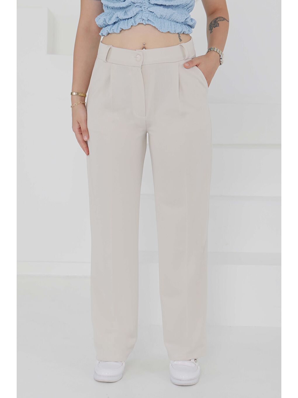 Ekru Cepli Palazzo Pantolon Krem - 27487