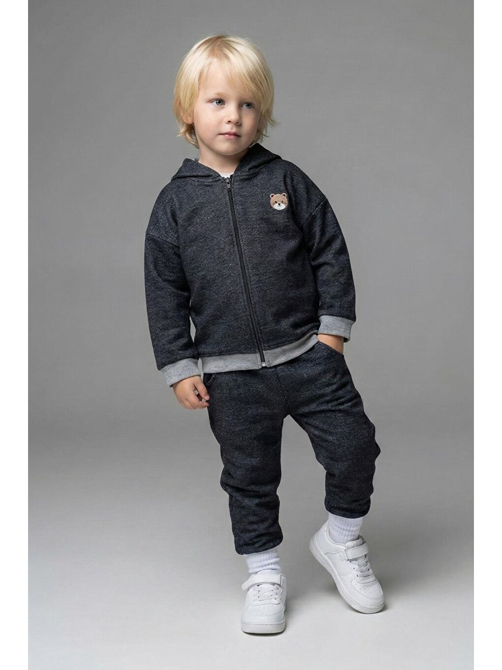 Lacivert Erkek Çocuk Hamster Nakışlı 3 İplik Jean Görünümlü Alt Üst Takım-2