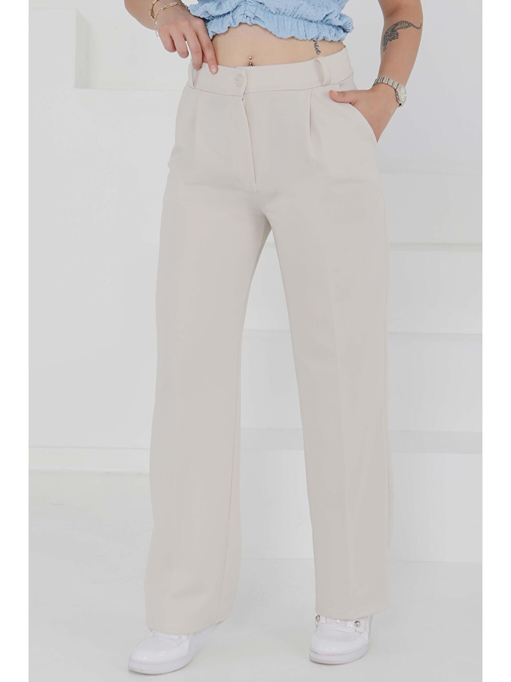 Ekru Cepli Palazzo Pantolon Krem - 27487-1