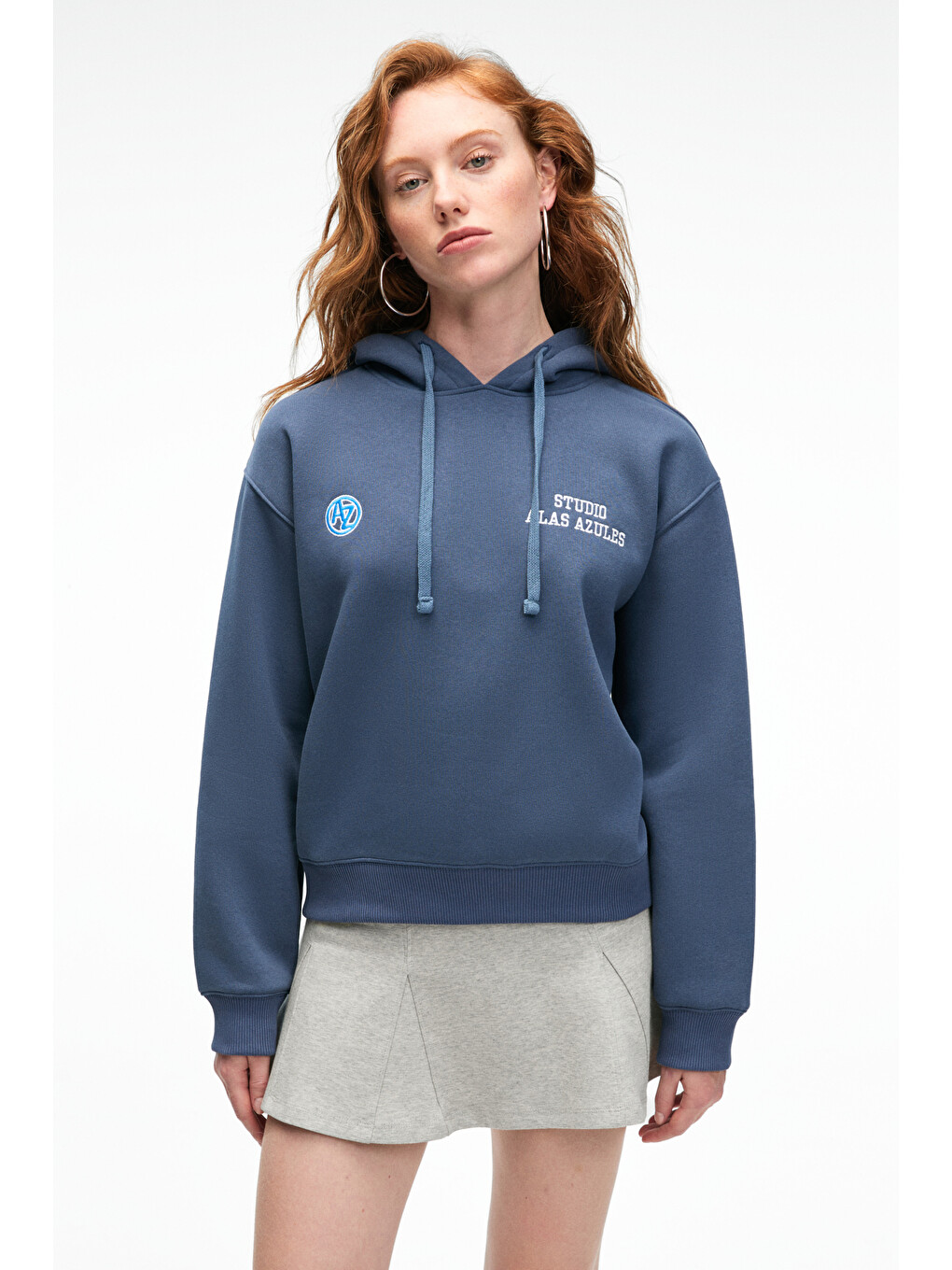 Slopane Kadın Rahat Kesim Kapüşonlu Baskılı Lacivert Sweatshirt