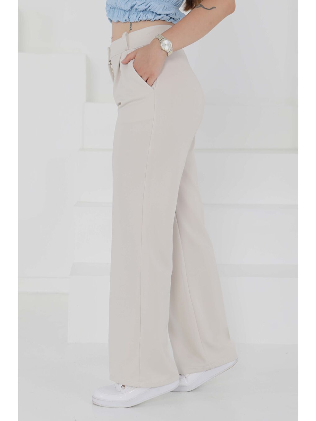 Ekru Cepli Palazzo Pantolon Krem - 27487-2