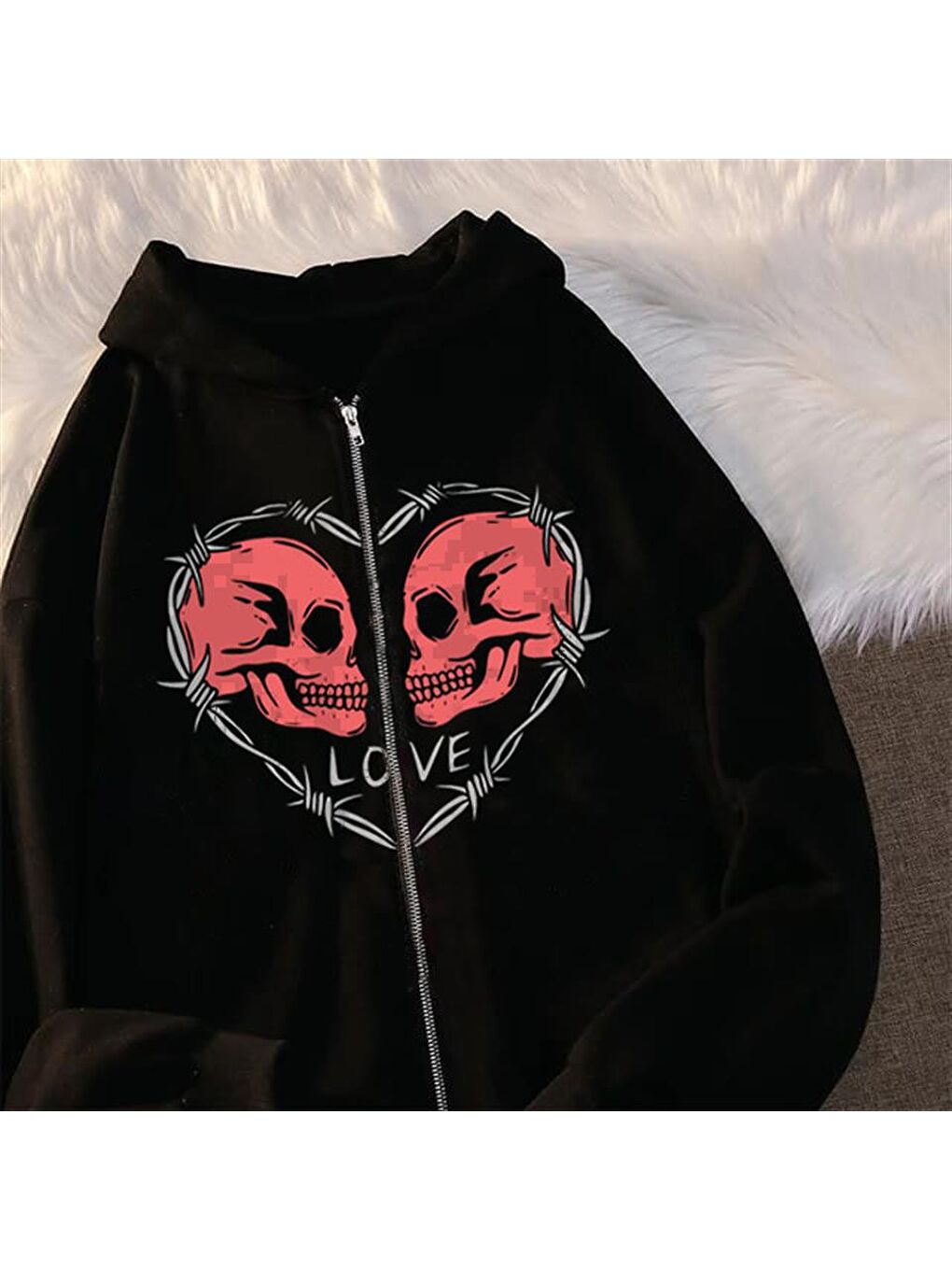 Touz Moda Siyah Love Skulls Baskılı Oversize Fermuarlı Siyah Unisex Kapüşonlu Hırka - 1