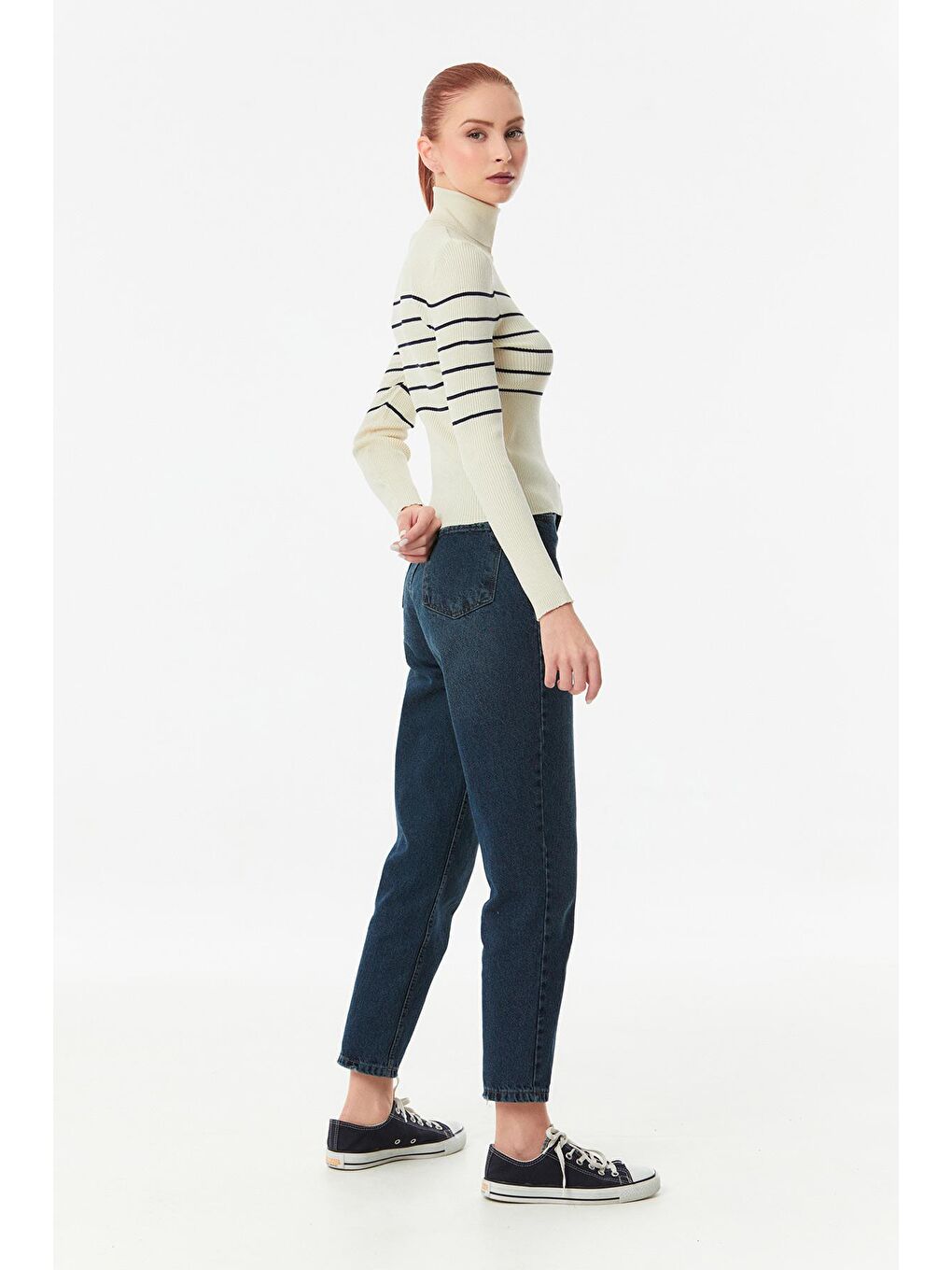 Bej Çizgili Balıkçı Yaka Triko Kazak-4