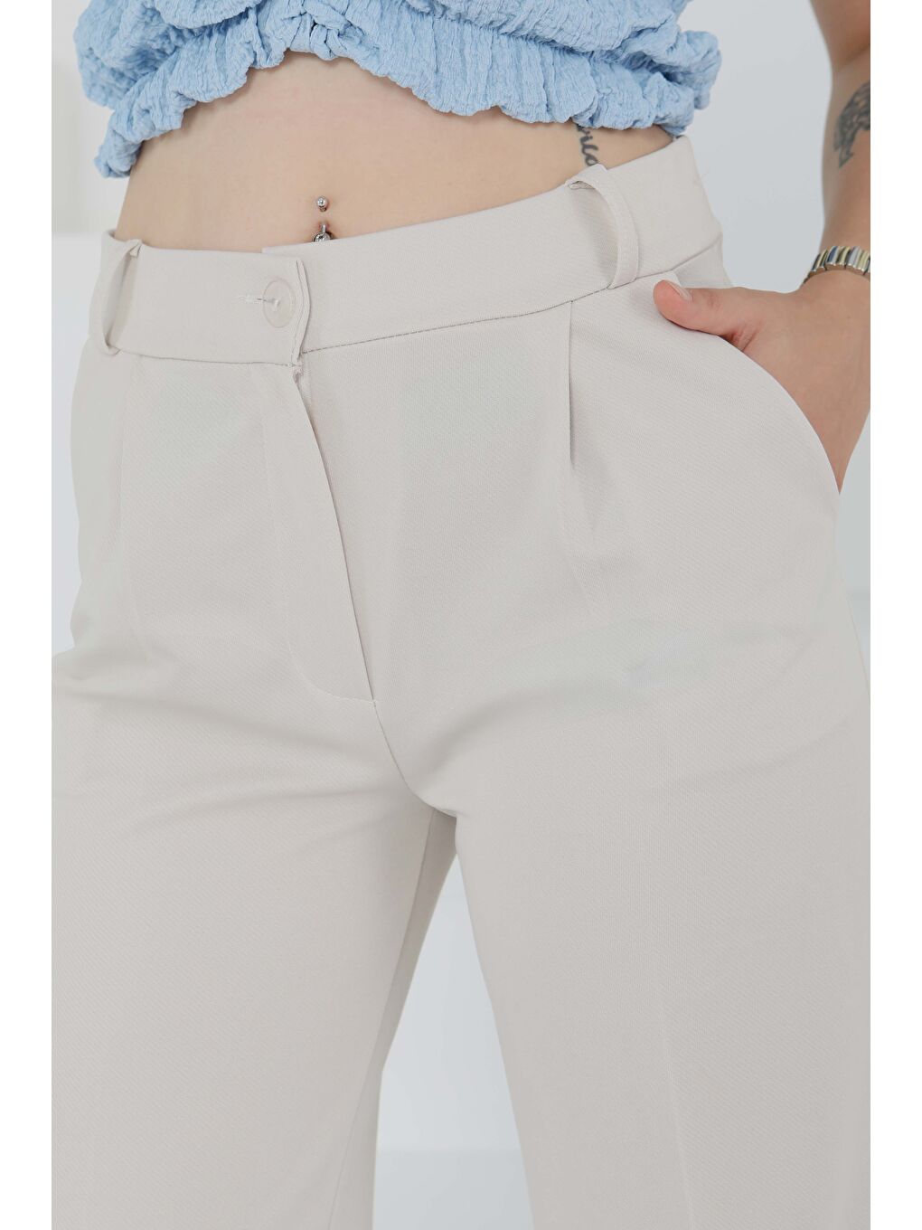 Ekru Cepli Palazzo Pantolon Krem - 27487-3