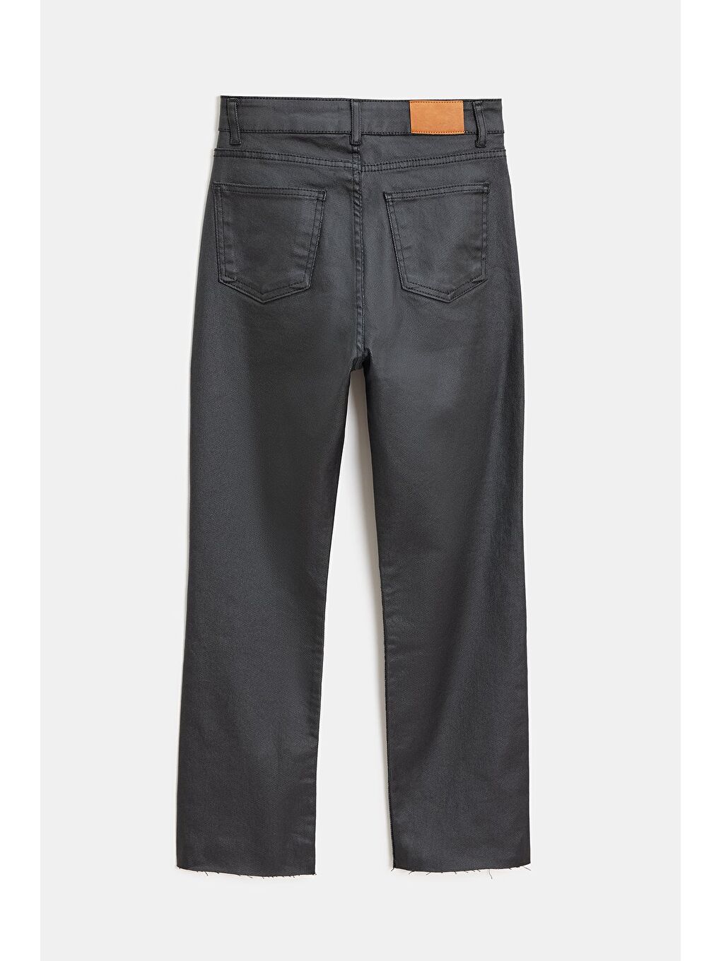 Siyah Kadın Mumlu (Waxed) Yüksek Bel Düz Kesim Elastanlı Jean Pantolon - Tam Kalıp-6