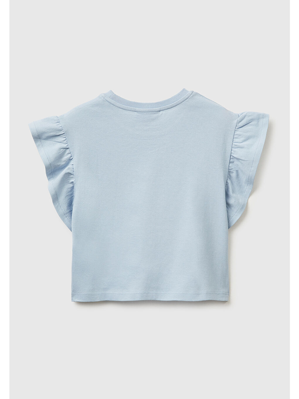 Kız Çocuk Buz Mavisi Simli Grafik Baskılı Etek Ucu Logo Etiketli Bisiklet Yaka T-Shirt-1