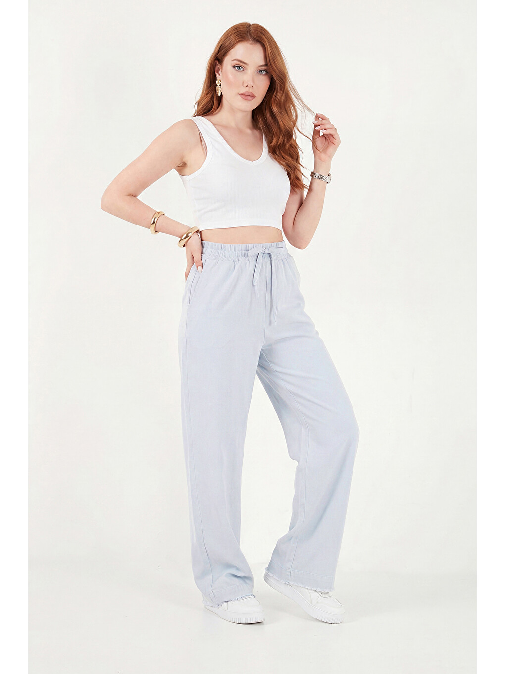 Mavi Pamuklu Belden Bağlamalı Yüksek Bel Geniş Paça Cepli Regular Fit Kadın Pantolon 668yp4760-2