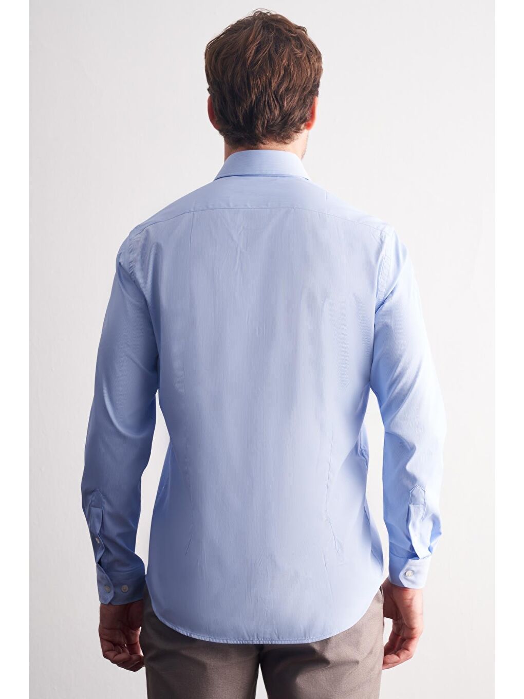 Mavi - Beyaz Sert Yaka Çizgili Desen Uzun Kol Slim Fit Esnek Gömlek 1004255176-3