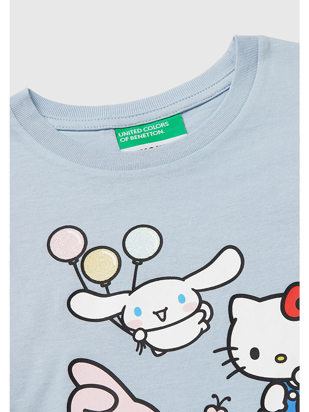 Kız Çocuk Buz Mavisi Simli Grafik Baskılı Etek Ucu Logo Etiketli Bisiklet Yaka T-Shirt-2