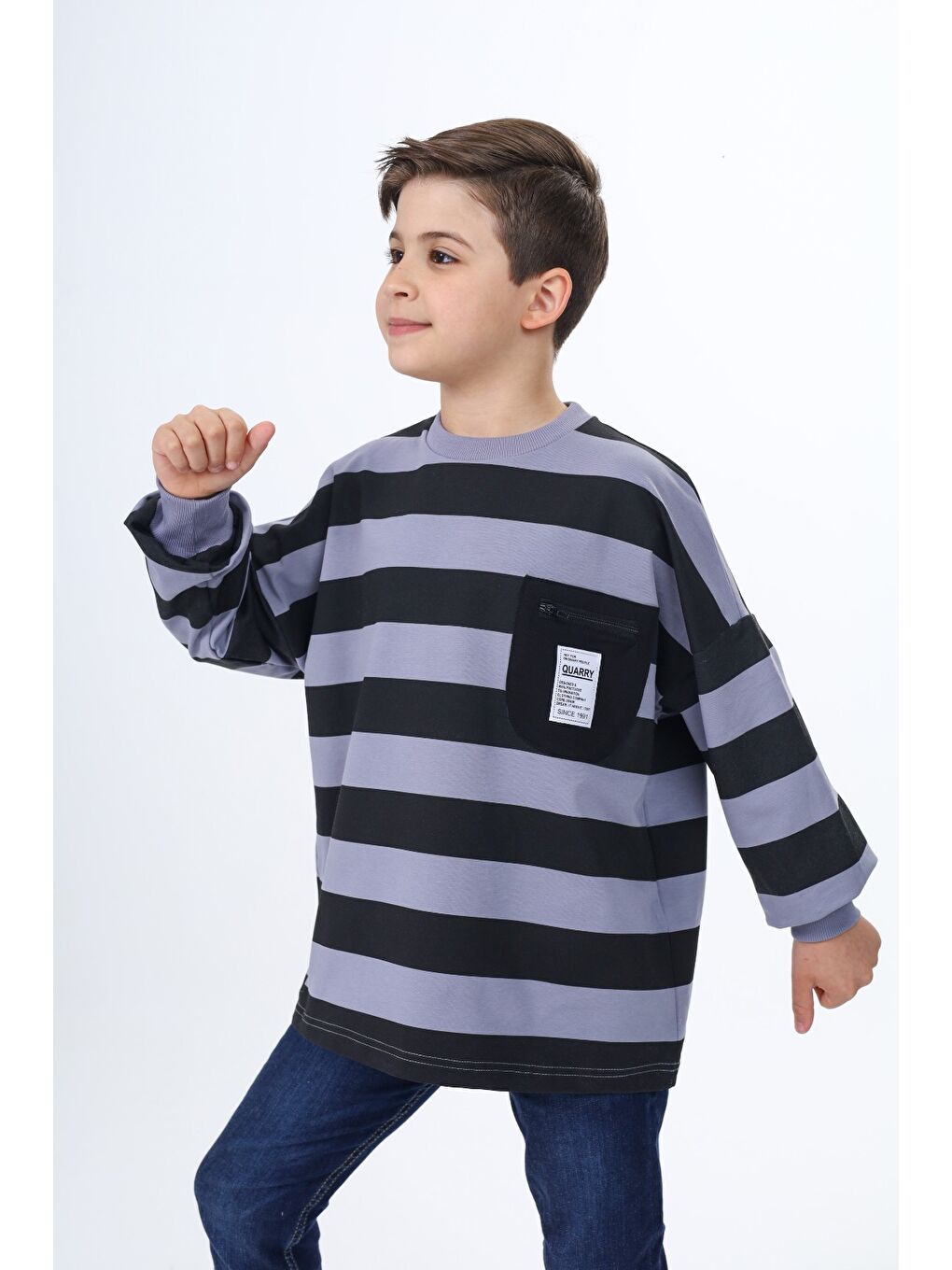 Gri Erkek Çocuk Çizgili Sweatshirt-1