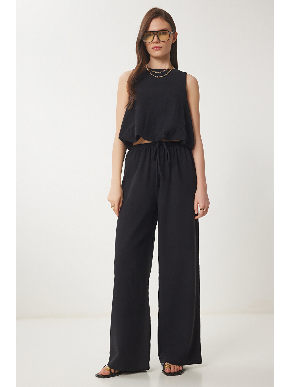 Siyah Keten Balon Bluz Pantolon Takım SİYAH LUS0092-1