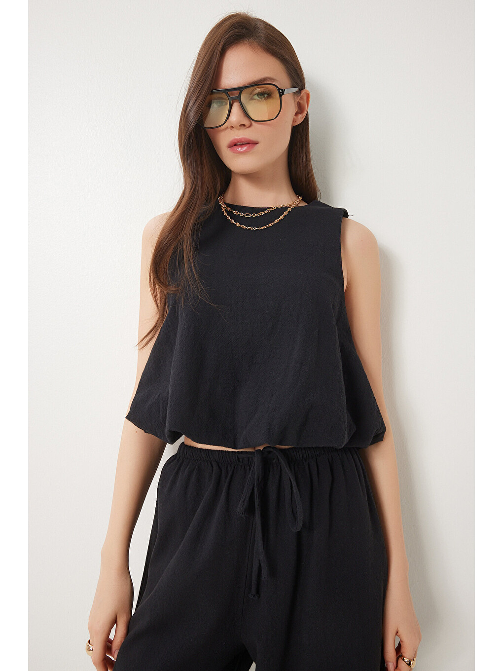 Siyah Keten Balon Bluz Pantolon Takım SİYAH LUS0092-2