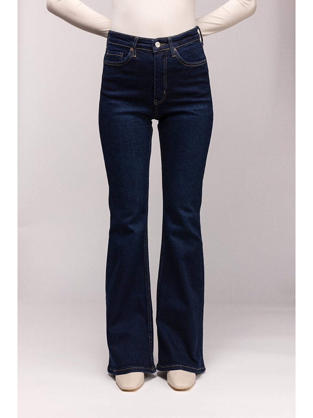 Lacivert Kadın Yüksek Bel İspanyol Paça Elastanlı Jean Pantolon - '70s Style' Flare Jean