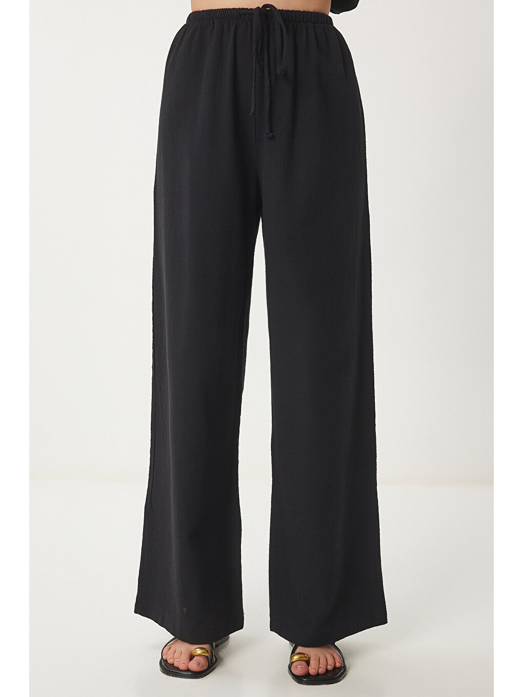 Siyah Keten Balon Bluz Pantolon Takım SİYAH LUS0092-4