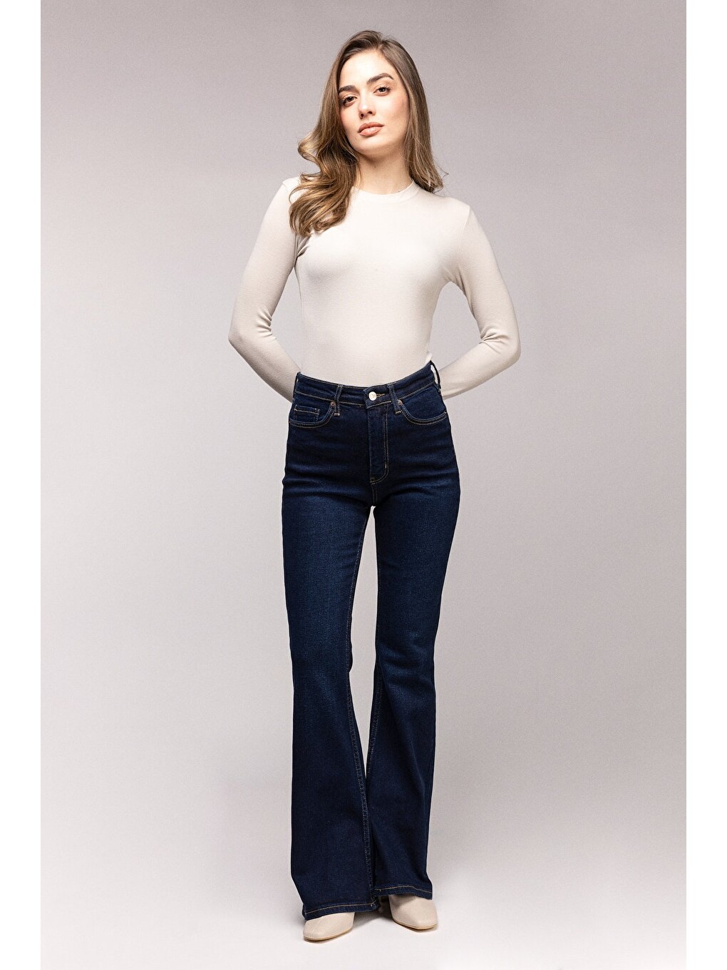 Lacivert Kadın Yüksek Bel İspanyol Paça Elastanlı Jean Pantolon - '70s Style' Flare Jean-1