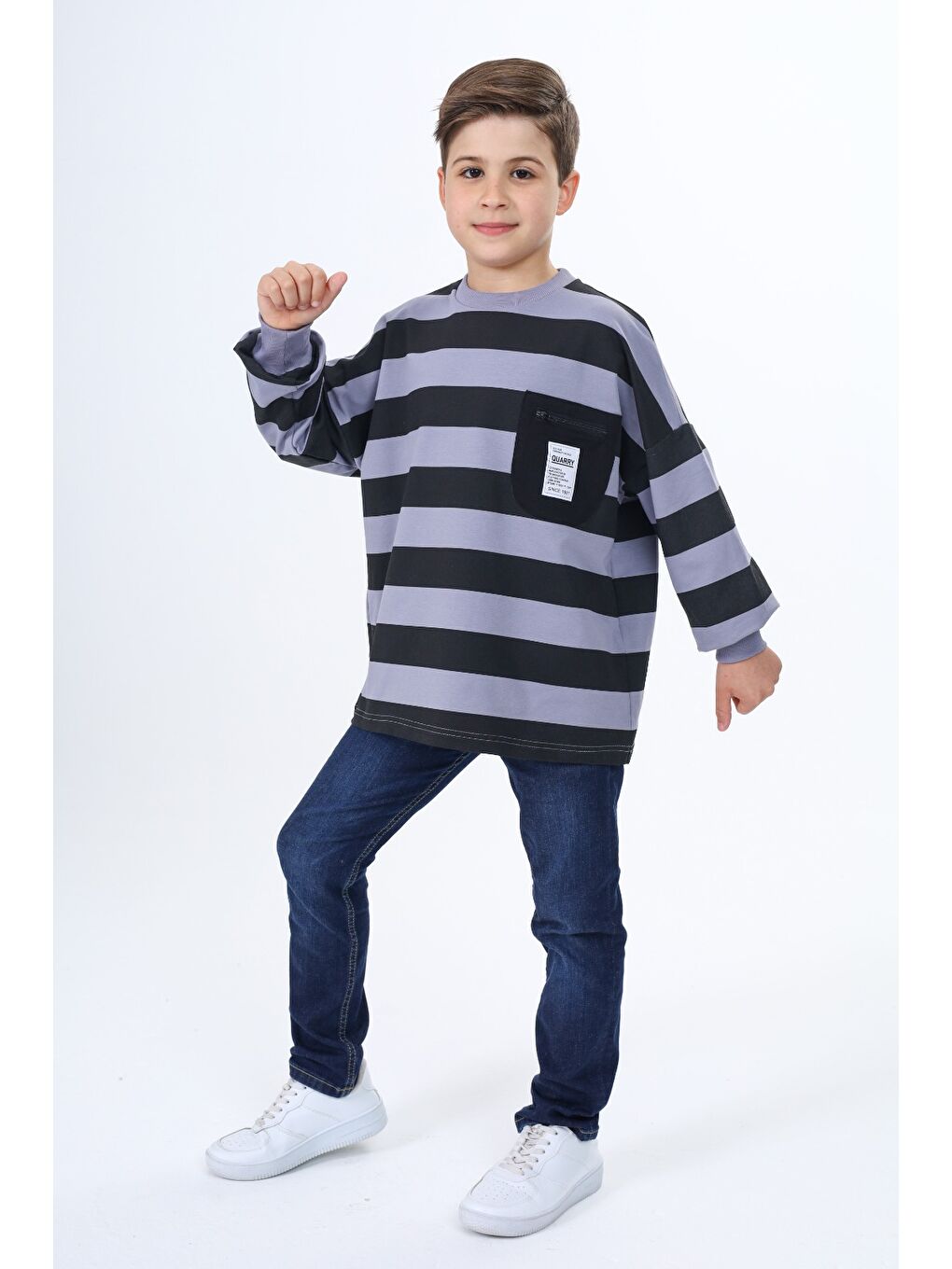 Gri Erkek Çocuk Çizgili Sweatshirt-3