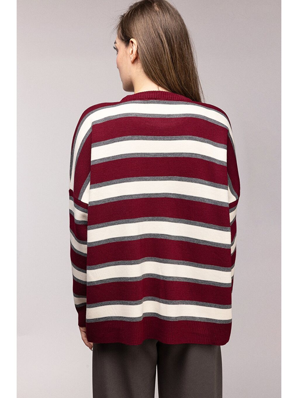 Bordo Çizgili Oversize Bisiklet Yaka Triko Kazak - Düşük Omuz-4