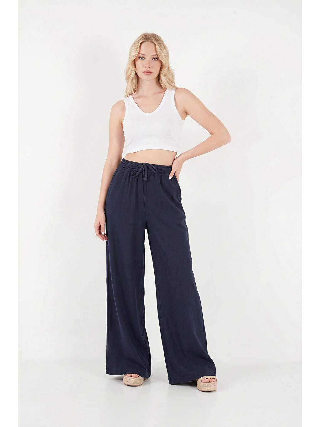 Lacivert Pamuklu Relaxed Fit Yüksek Bel Geniş Paça Pantolon 668yp5559-2