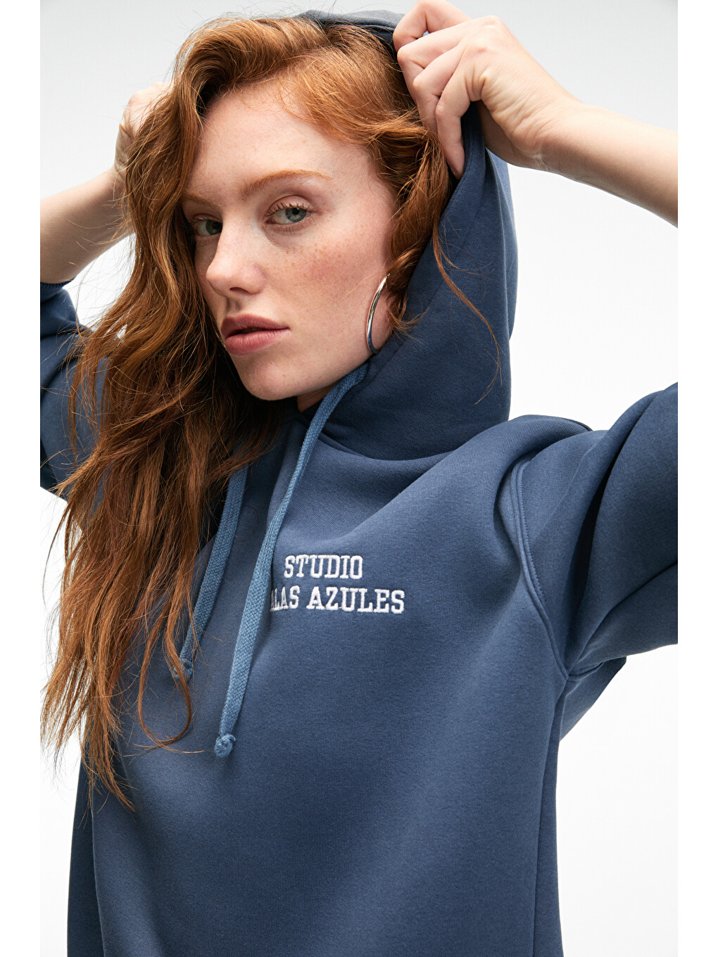 Slopane Kadın Rahat Kesim Kapüşonlu Baskılı Lacivert Sweatshirt-4