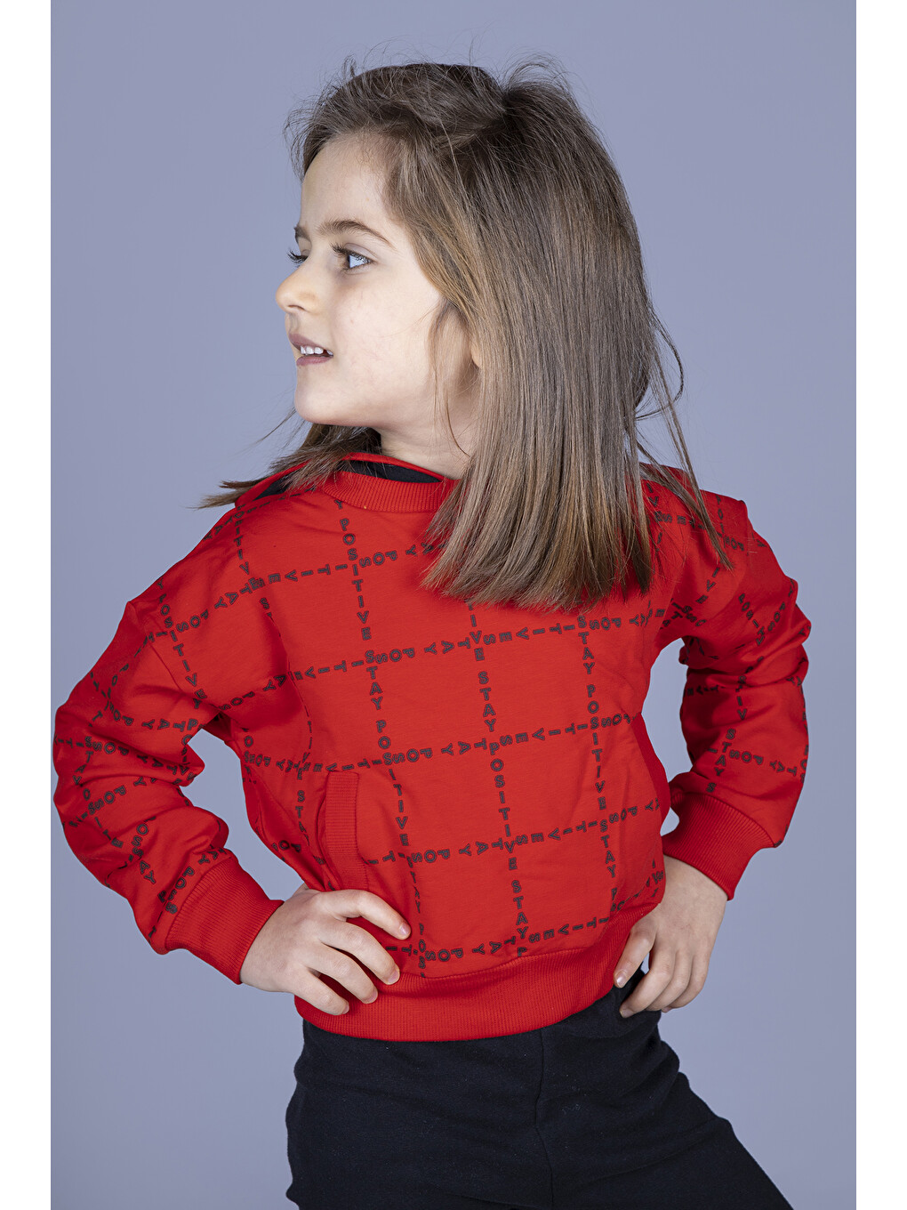 Kırmızı Kız Çocuk Positive Baskılı Crop Sweatshirt