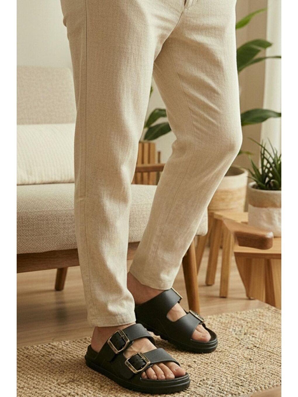 Siyah Polley Erkek Çift Eskitme Tokalı Anatomik Tabanlı Günlük ve Plaj Terliği - Suya Dayanıklı Konfor Mod