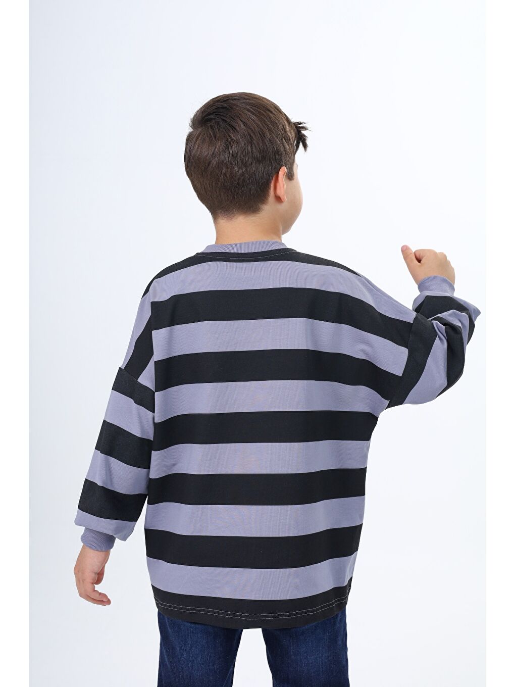 Gri Erkek Çocuk Çizgili Sweatshirt-4