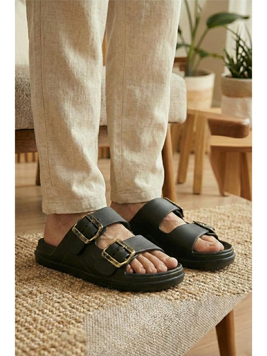 Siyah Polley Erkek Çift Eskitme Tokalı Anatomik Tabanlı Günlük ve Plaj Terliği - Suya Dayanıklı Konfor Mod-1