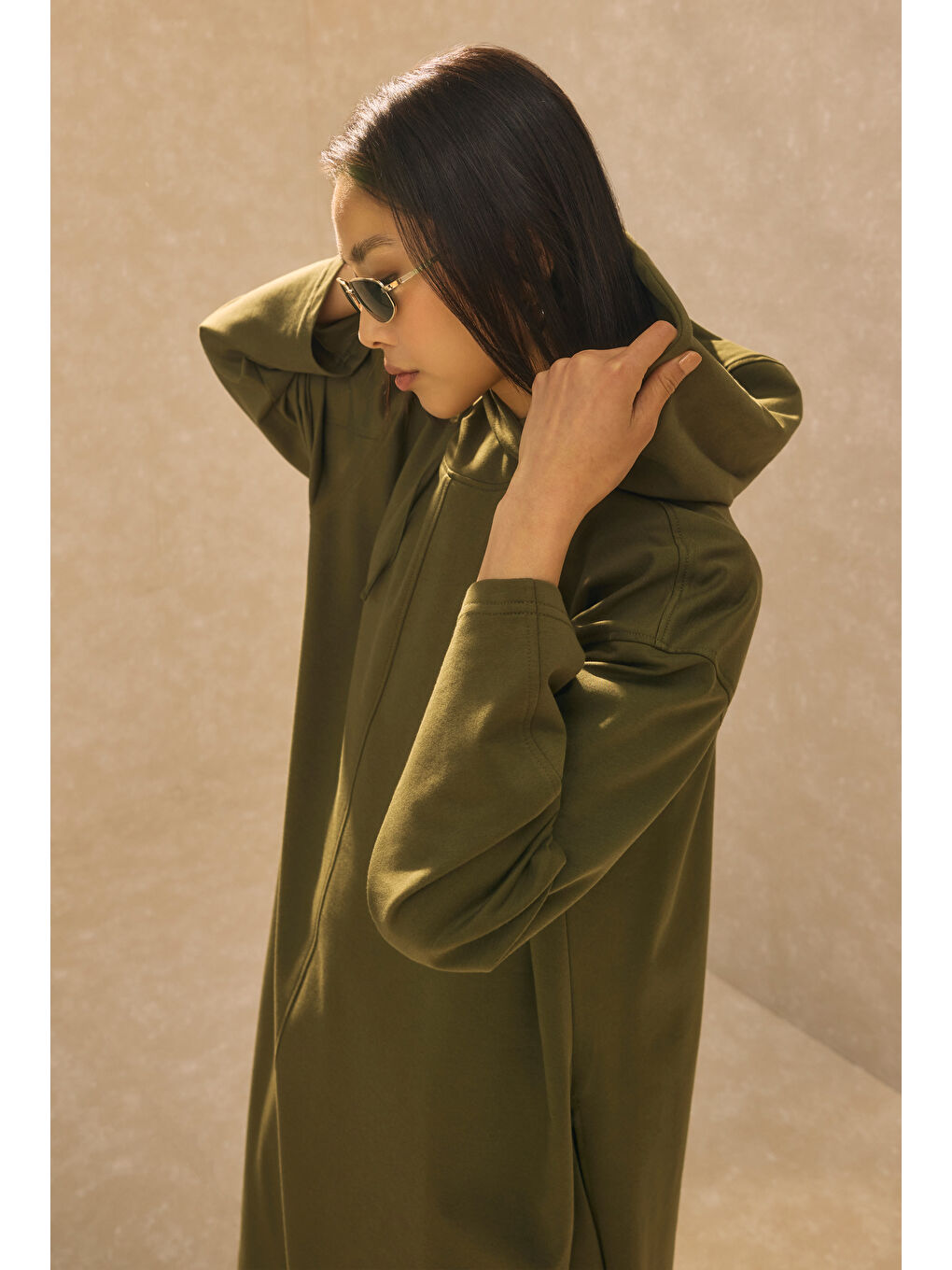 Kapüşonlu Uzun Sweat Haki-2