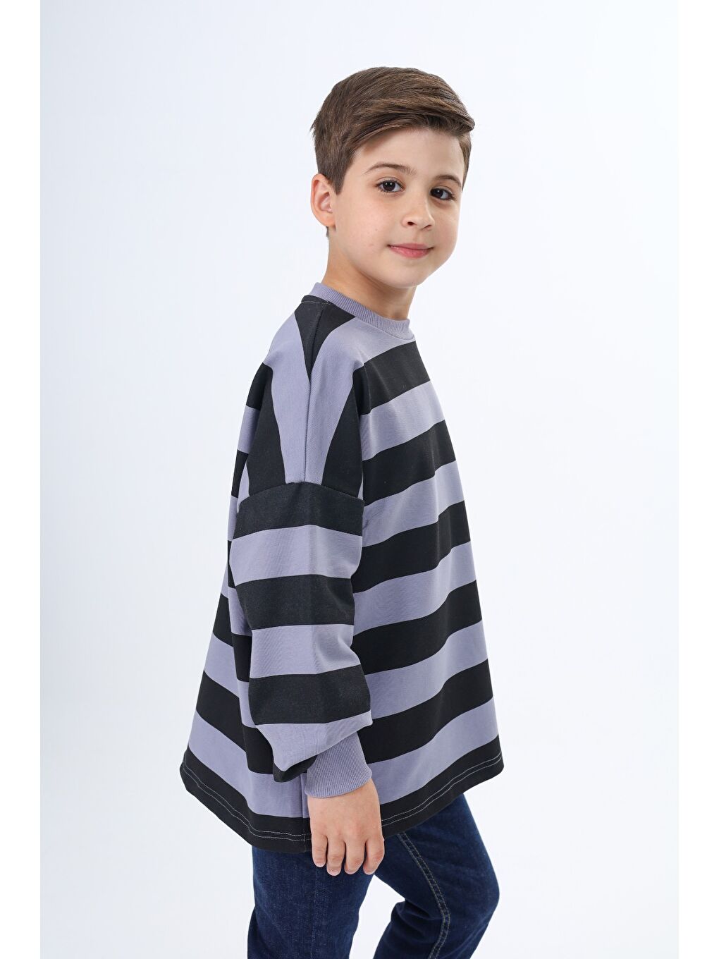 Gri Erkek Çocuk Çizgili Sweatshirt-5