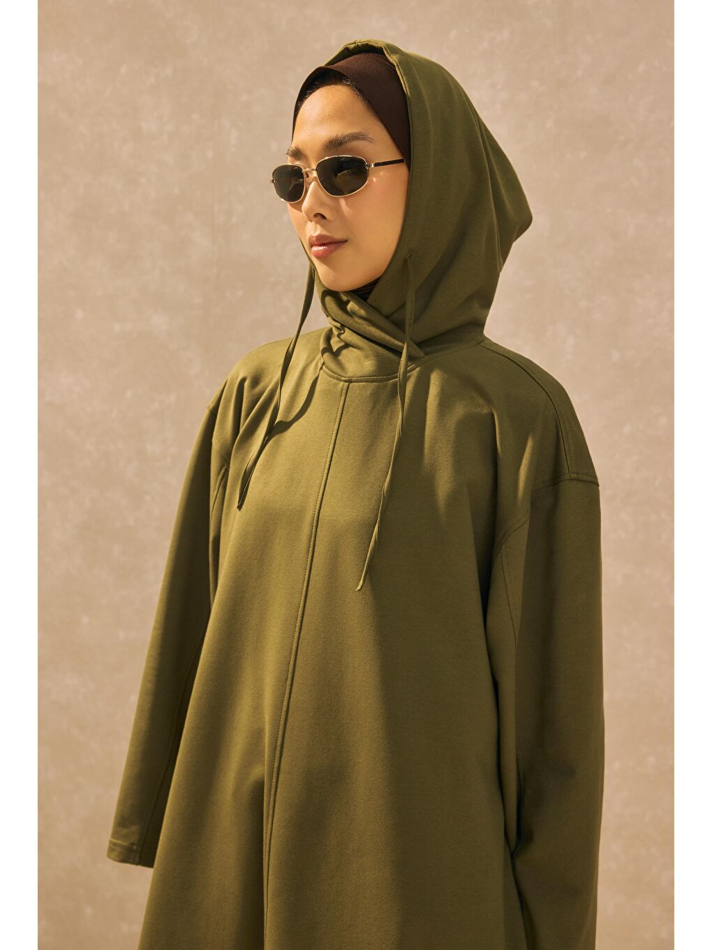 Kapüşonlu Uzun Sweat Haki-3