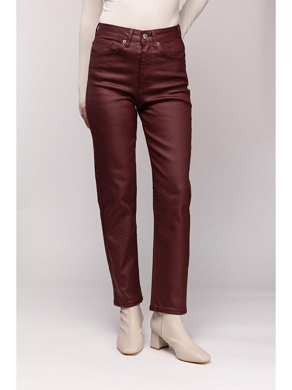 Bordo Kadın Mumlu (Waxed) Yüksek Bel Düz Kesim Elastanlı Jean Pantolon - Tam Kalıp
