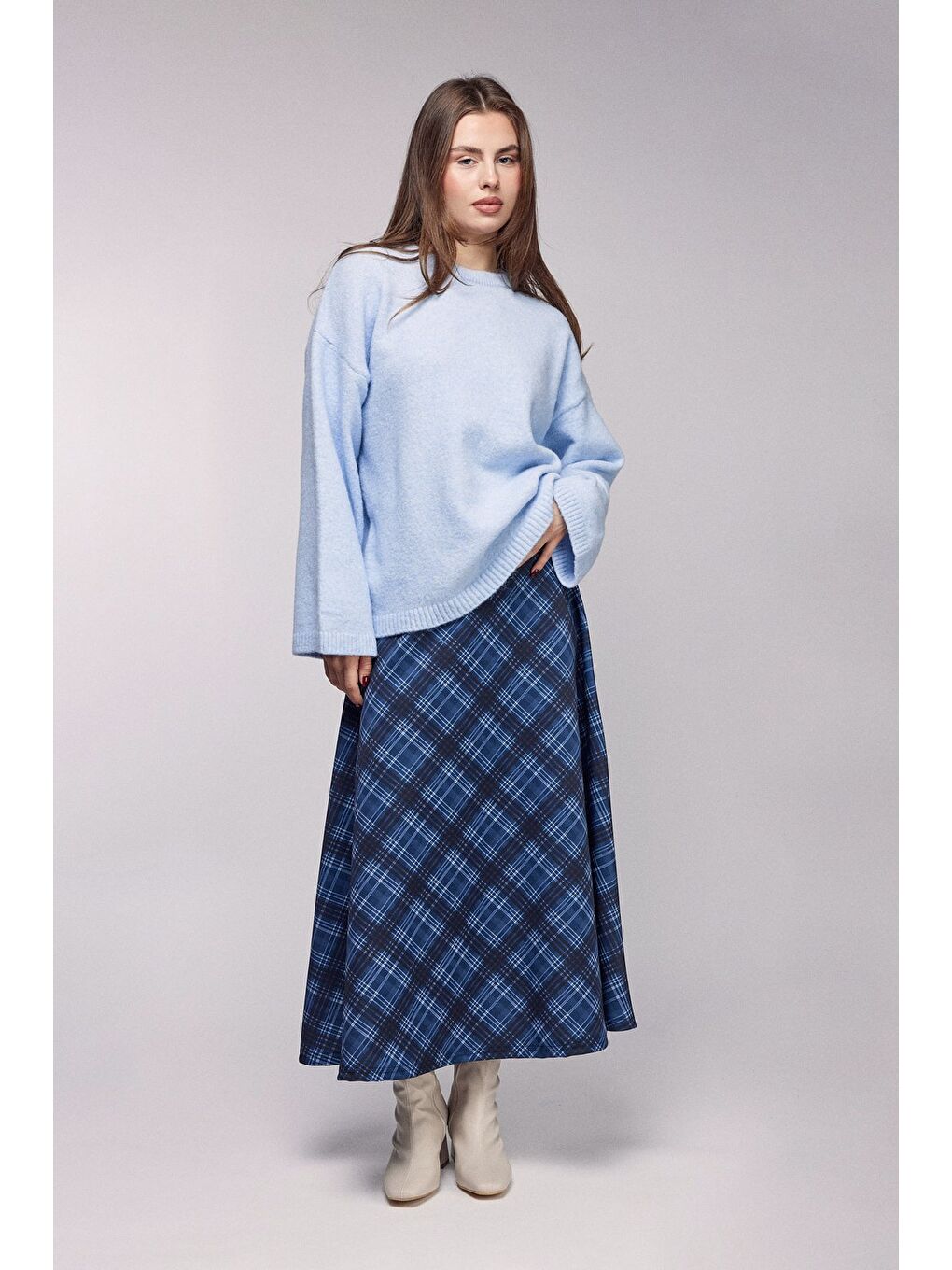 Mavi Bisiklet Yaka Oversize Dokulu Triko Kazak - Geniş Kol Detay-1