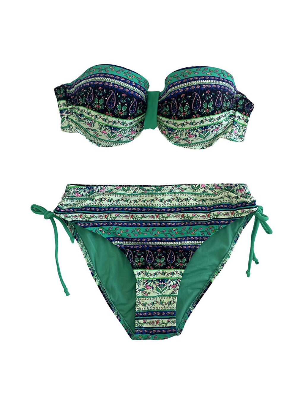 Kadın Yeşil Taş İşlemeli Etnik Desenli Astarlı Bikini Takımı HZL25S-LC3305-2
