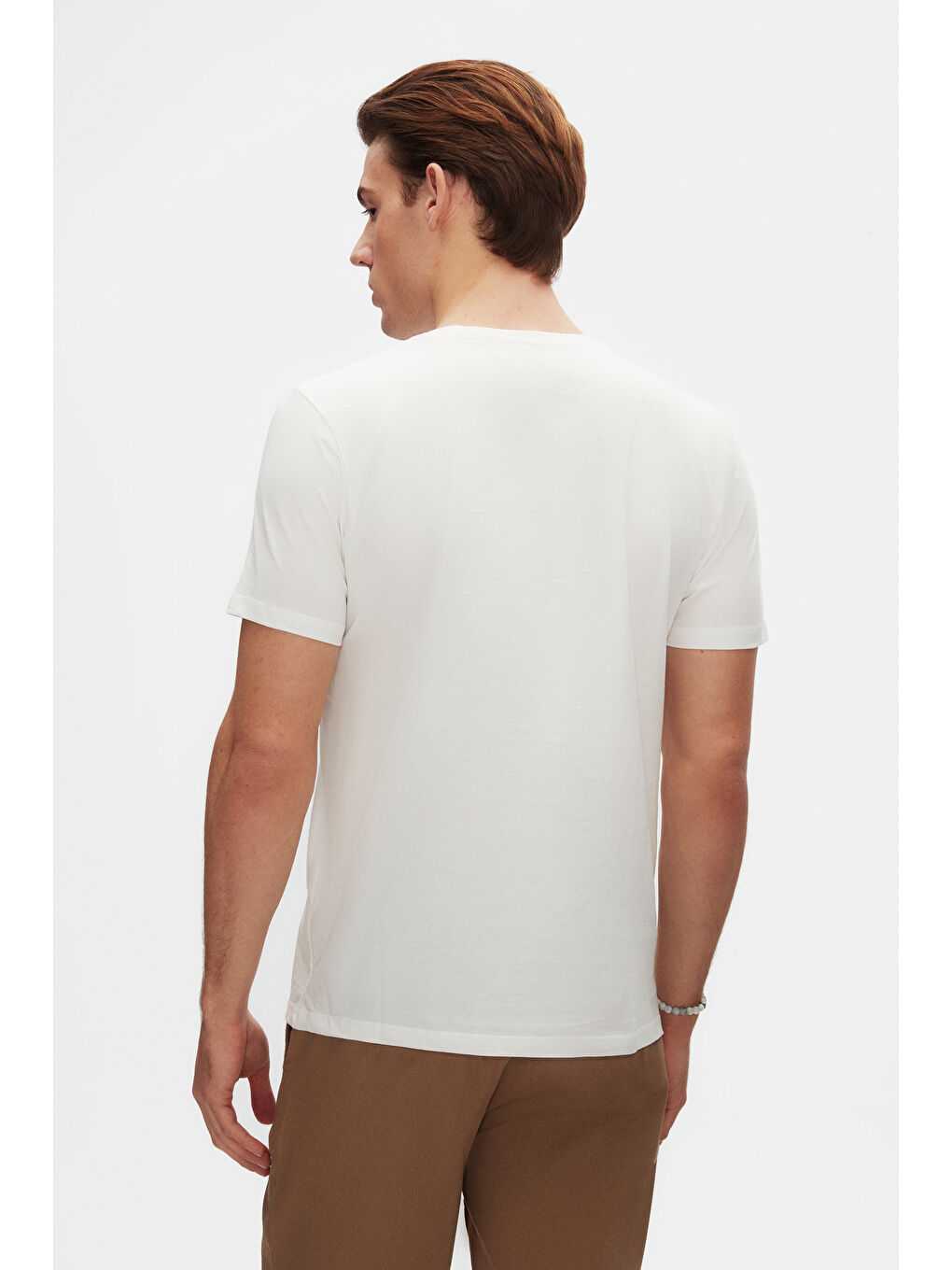 Slim Fit Ekru Bisiklet Yaka %100 Pamuklu Nefes Alabilen Tişört-2