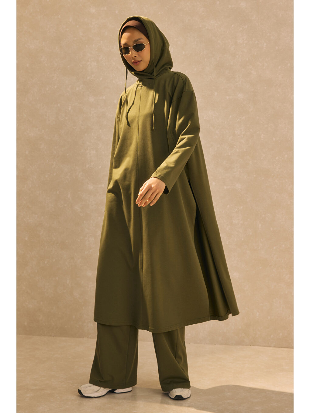 Kapüşonlu Uzun Sweat Haki-4