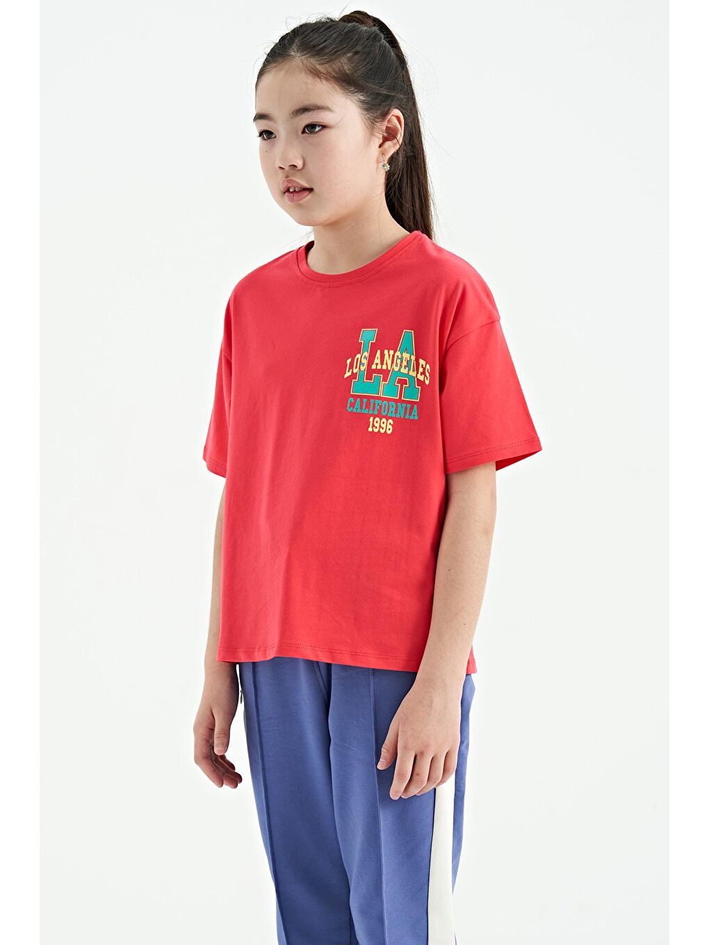 TOMMYLIFE Pembe Rose Ön Arka Baskılı O Yaka Oversize Kısa Kollu Kız Çocuk T-Shirt - 75127 - 2